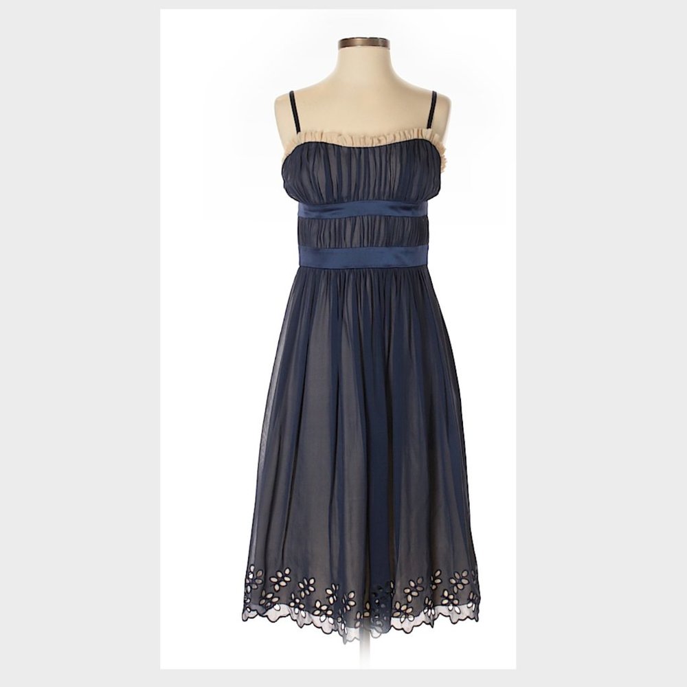 Romantic BCBG Silk Chiffon Dress, Navy Blue cottage style eyelets